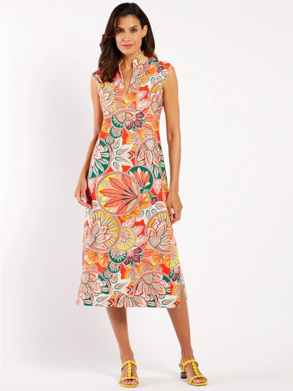 Jude Connally Coral & Green Printed Cap-Sleeve Midi Dress